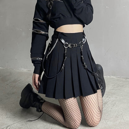 Y2K Zipper Short Sweatshirt Waistband Pleated Skirt Set Modakawa