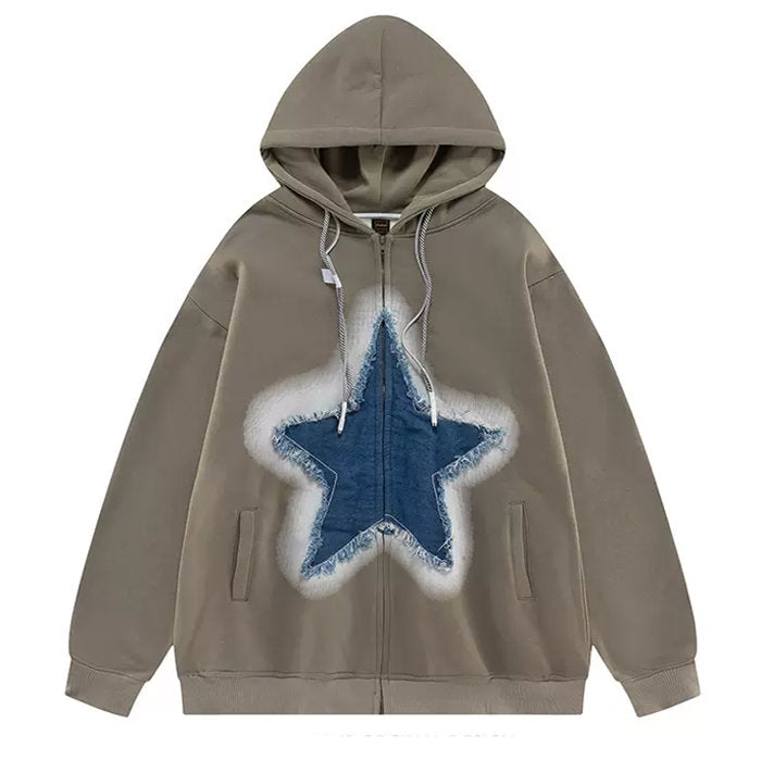 Y2K Denim Star Zip Up Hoodie Boogzel Clothing