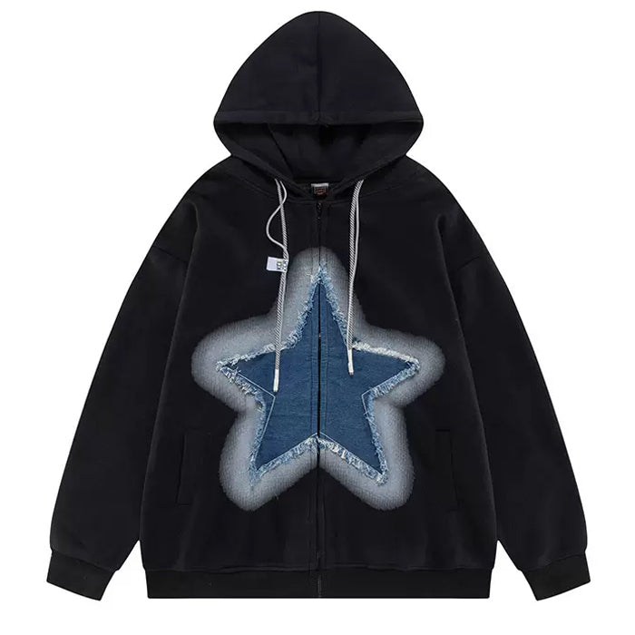 Y2K Denim Star Zip Up Hoodie Boogzel Clothing