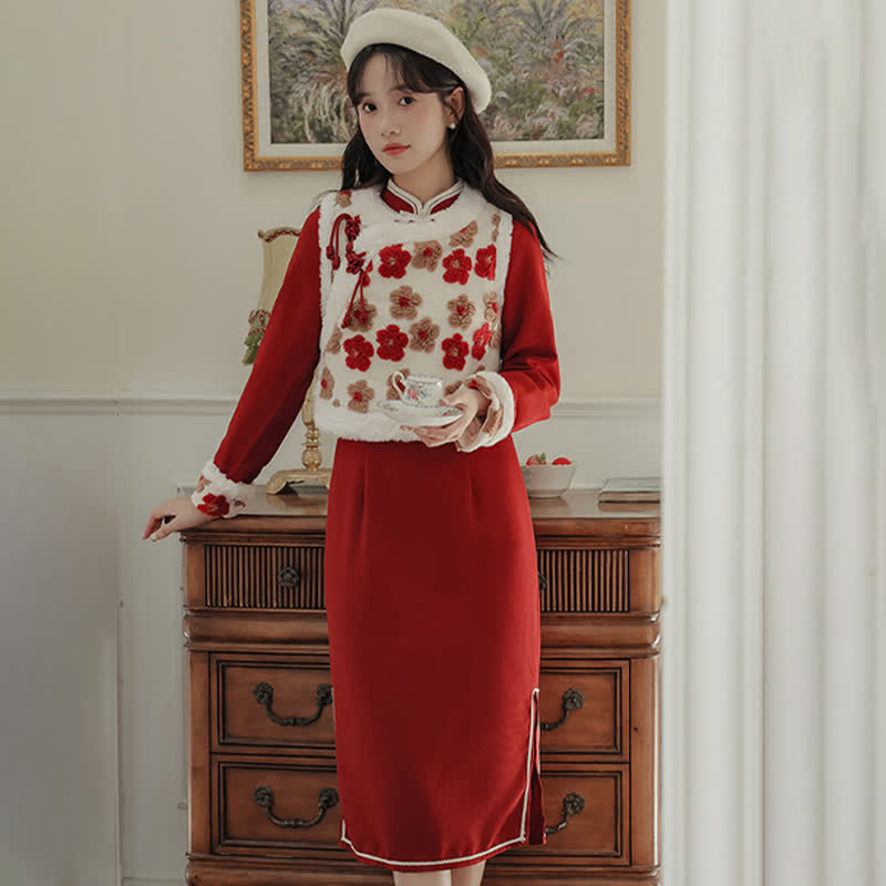 Red Flowers Buckle Vest Bowknot Cheongsam Dress modakawa