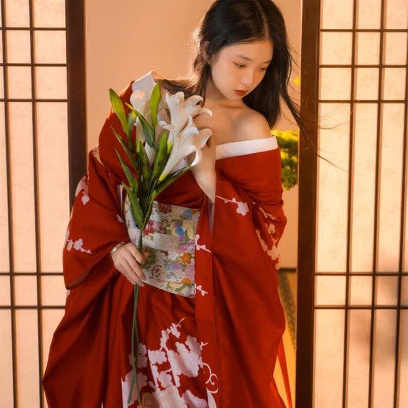 Red Elegant Print Traditional Kimono Dress modakawa