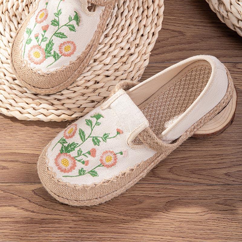 Vintage Embroidery Floral Canvas Flats Shoes Modakawa