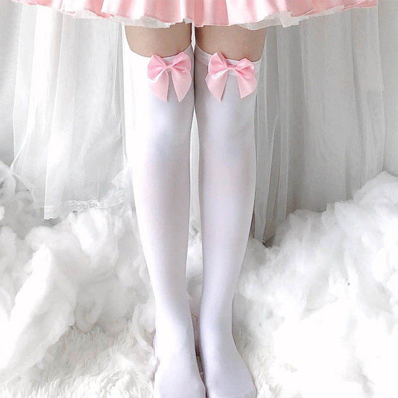 Bow Decor Pure Color Lolita Stockings Modakawa