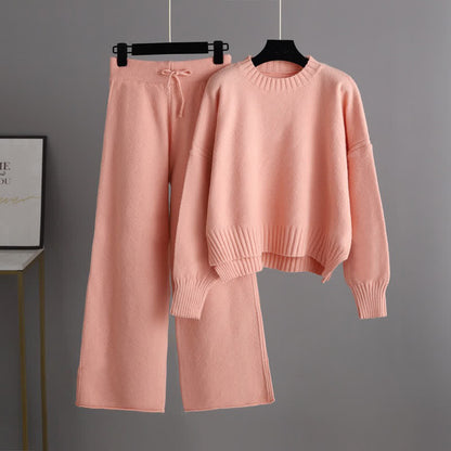 Pure Color Knit Sweater Wide Leg Pants Set modakawa