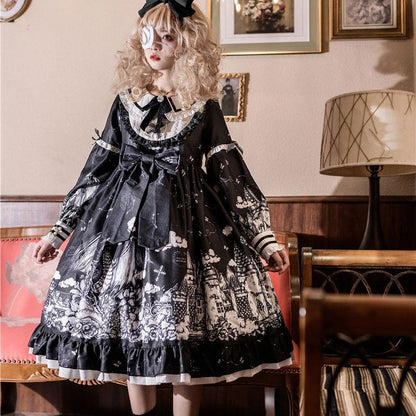 Y2K Gothic Print Bow Ruffle Doll Collar Lolita Dress Modakawa