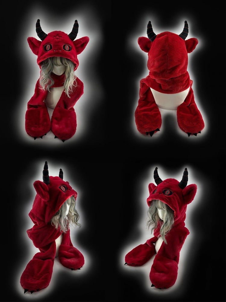 Red Devil Gothic Winter Scarf Gloves Plush Hat mySite