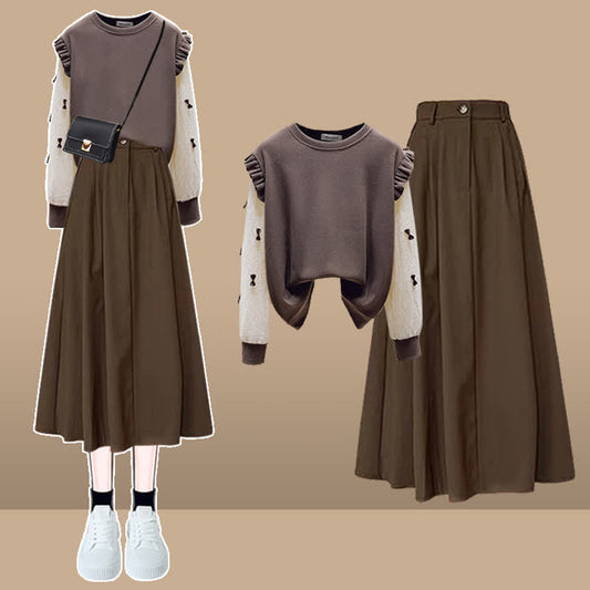 Brown Bow Knot Sleeve Shirt High Waist Skirt modakawa