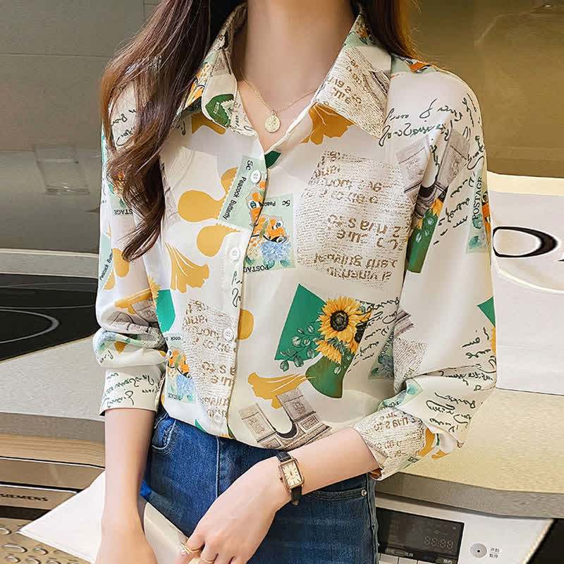 Chic Floral Letter Print Chiffon Shirt Workwear modakawa