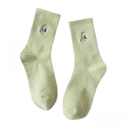 Dino Embroidery Socks - Free Size / Green - Socks