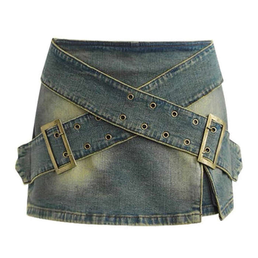 Y2K Double Buckle Denim Mini Skirt Boogzel Clothing