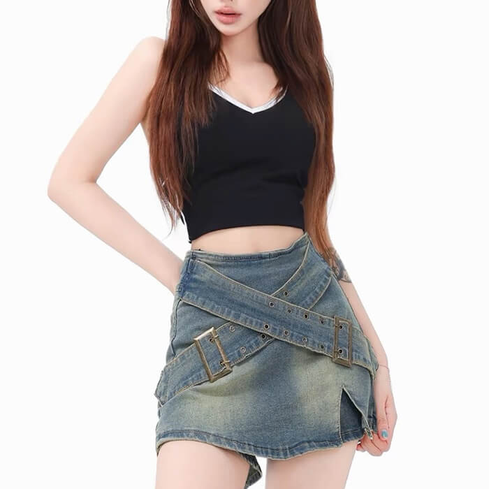 Y2K Double Buckle Denim Mini Skirt Boogzel Clothing