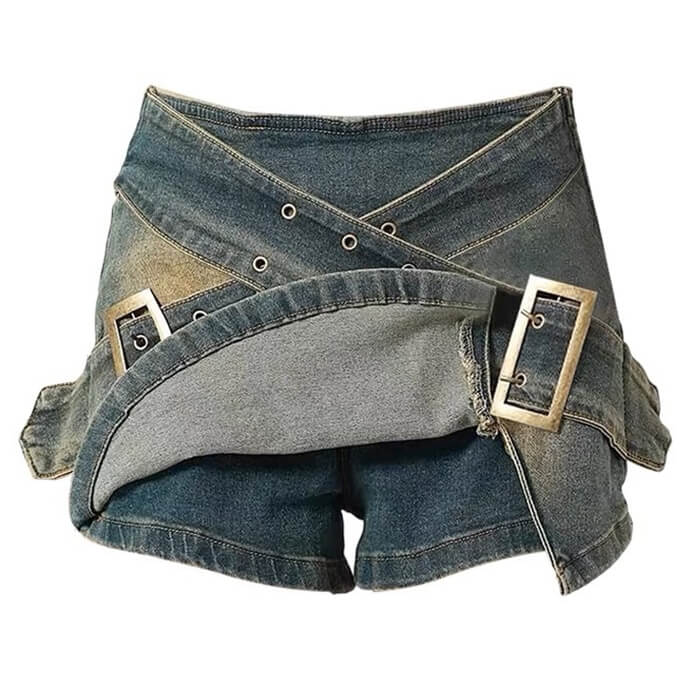 Y2K Double Buckle Denim Mini Skirt Boogzel Clothing