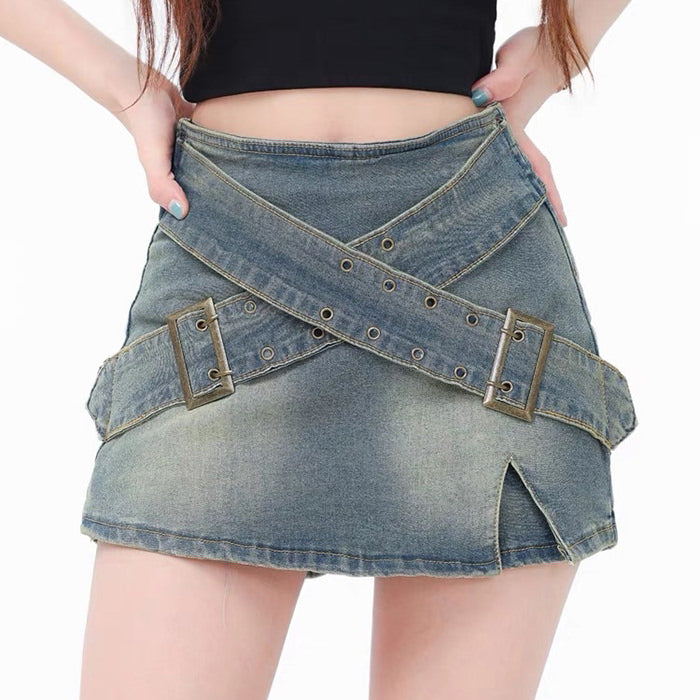 Y2K Double Buckle Denim Mini Skirt Boogzel Clothing