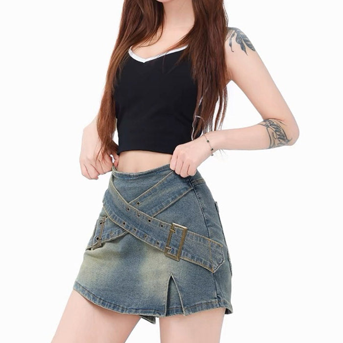 Y2K Double Buckle Denim Mini Skirt Boogzel Clothing