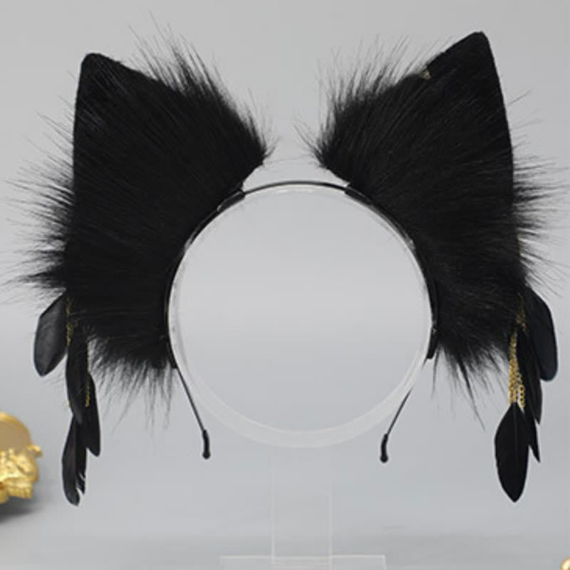 Black Snake Feather Wolf Ears Furry with Chain Headband modakawa