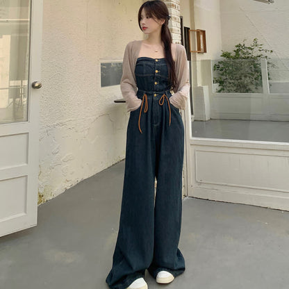 Elegant Knit Cardigan Off The Shoulder Denim Overalls modakawa