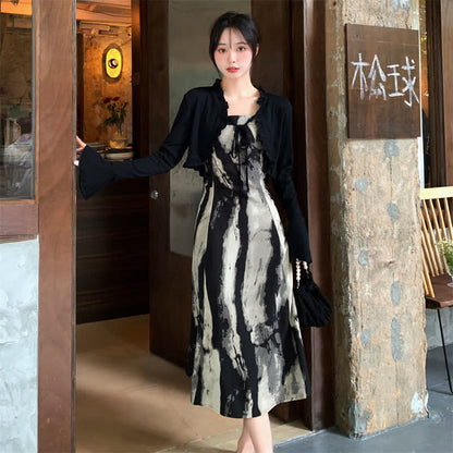 Elegant Black Short Cardigan Ink Painting Print Slip Dress modakawa