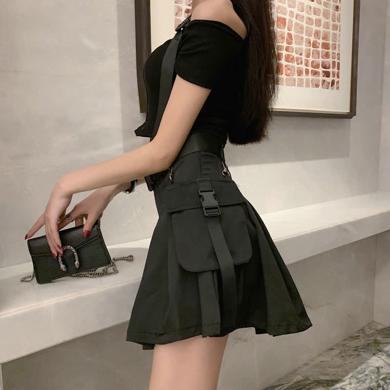 Black Cool Buckle Strap Zipper Crop Top Belted Pleated Skirt modakawa