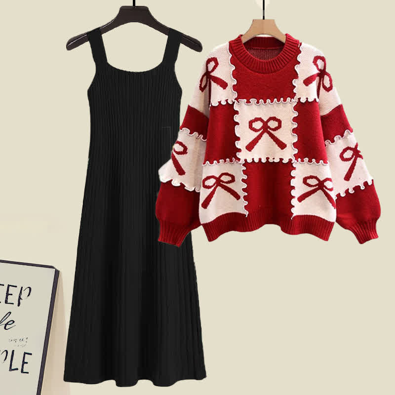 Red Bow Knot Print Colorblock Sweater Slip Dress Set modakawa