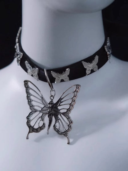 Handmade Metal Butterfly Pendant Black Choker mySite