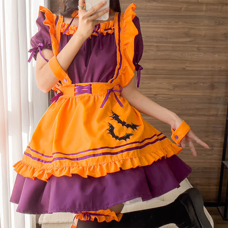 Cute Bat Embroidery Lace Up Ruffled Maid Dress Modakawa