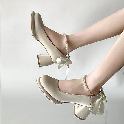 Pearl Buckle Thick Heel Mary Jane Shoes modakawa