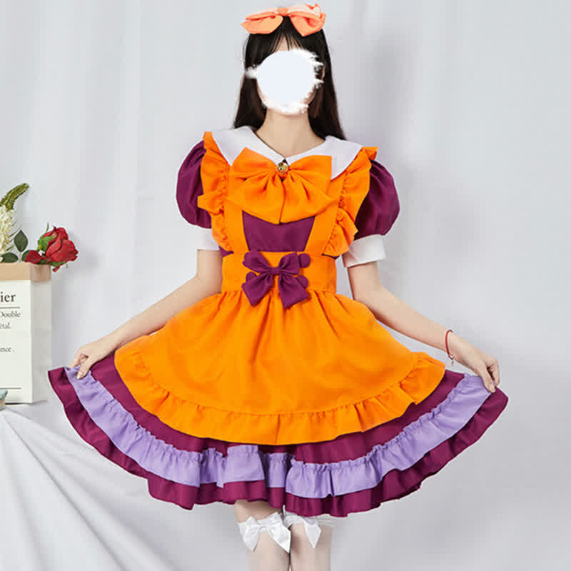 Cute Orange Bow Decor Puff Sleeve Maid Dress Modakawa