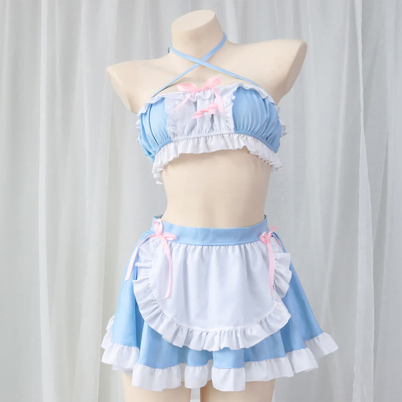 Sweet Blue Lace Up Ruffled Maid Skirt Lingerie Stockings Set Modakawa