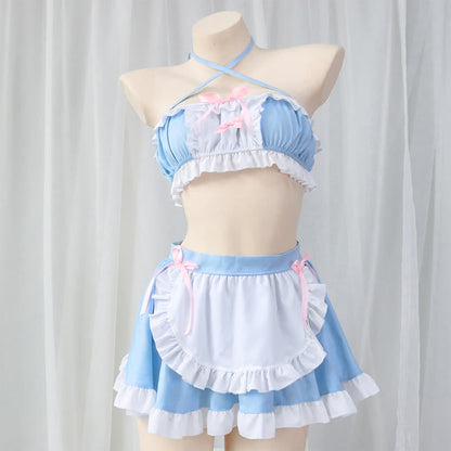 Sweet Blue Lace Up Ruffled Maid Skirt Lingerie Stockings Set Modakawa