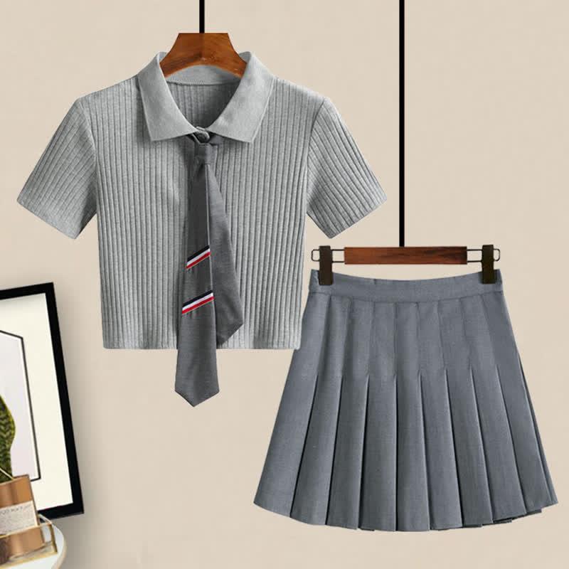 Tie Polo T-Shirt Crop Top Pleated Skirt Set modakawa