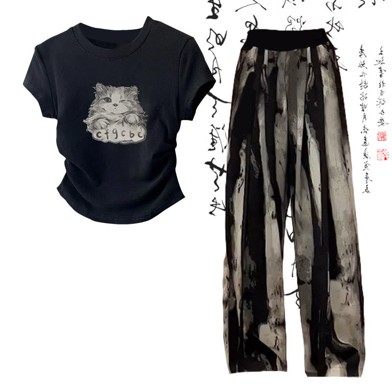 Cartoon Cat Print T-Shirt Wash Painting Print Loose Pants modakawa