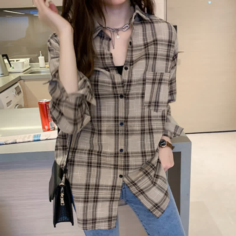 Plaid Print Pocket Lapel Loose Shirt modakawa