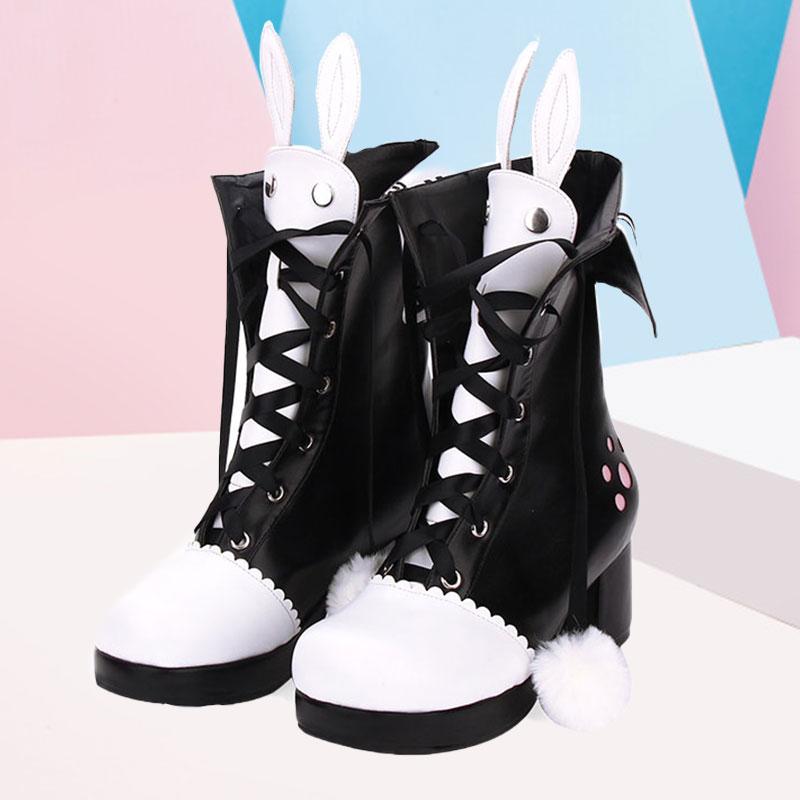 Black Bunny Ears Lace-up Fuzzy Ball Collar High Heel Boots Modakawa