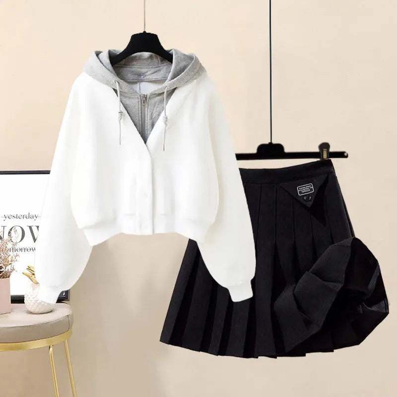 Casual Pocket Hoodie Pleated Skirt Set Modakawa