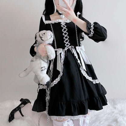 Black Lace Up Lolita Bow-Knot Maid Dress Modakawa