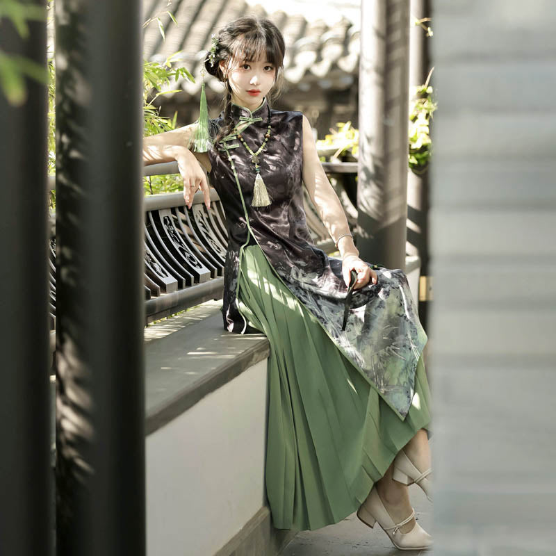 Elegant Bamboo Print Cheongsam Dress Pleated Skirt modakawa