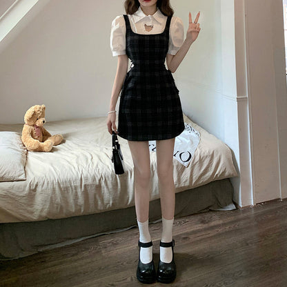 Love Heart Hollow Out T-Shirt Lace Up Plaid Dress Set Modakawa