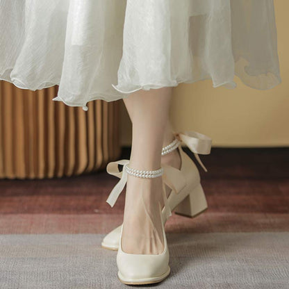 Elegant Pearl Bow High-heeled Shoes Modakawa