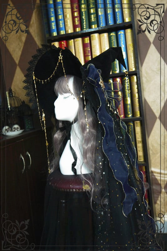 Halloween Dark Fancy Shiny Veil and Stars Chain Witch Hat mySite