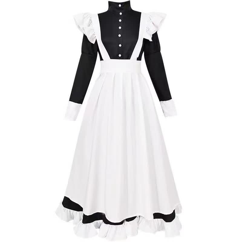 Black Neutral Button Ruffled Maid Dress Modakawa