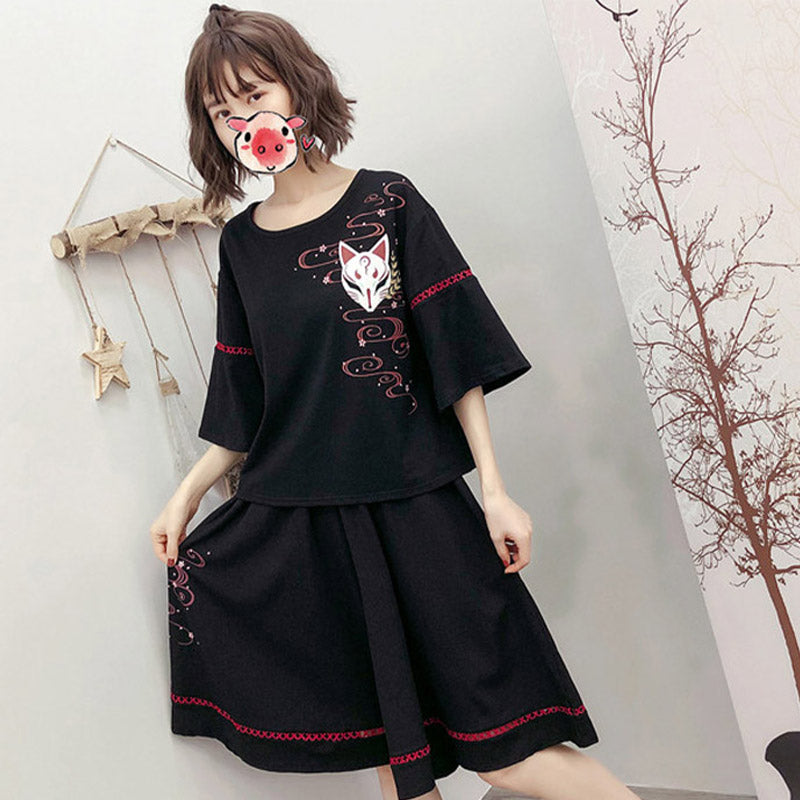 Black Sakura Fox Print Lace Up T-Shirt Wide Leg Pants Modakawa