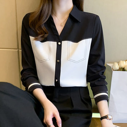 Elegant Colorblock Chiffon Shirt Workwear modakawa