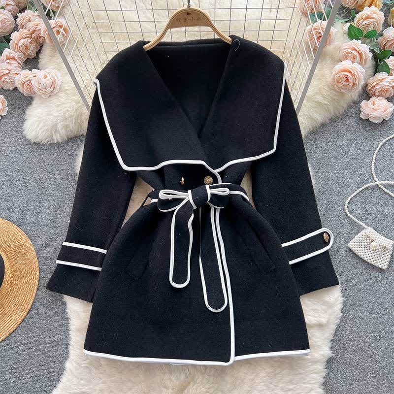 Elegant Print Sailor Collar Belted Coat modakawa