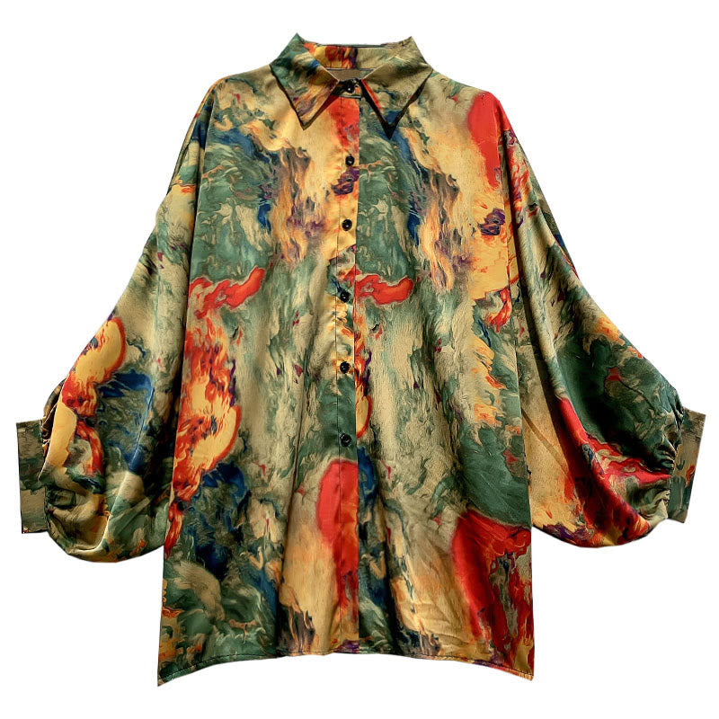 Vintage Floral Batwing Sleeve Lapel Shirt Workwear modakawa