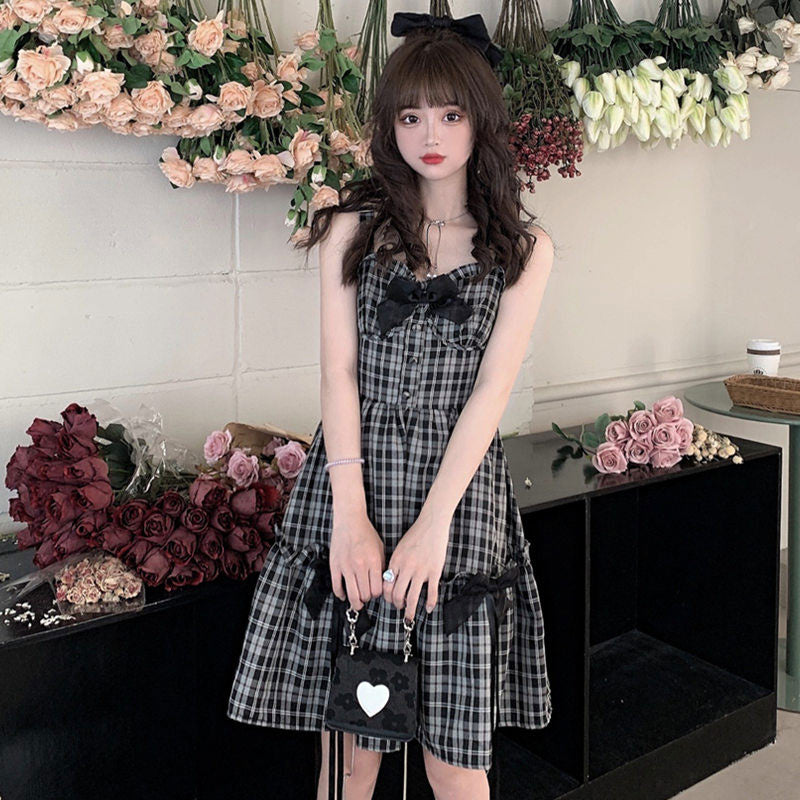 Sweet Lattice Print Bow Knot Slip Dress modakawa