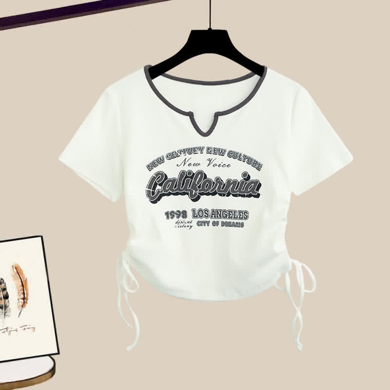 Casual Letter Print Drawstring Crop Top T-Shirt Pocketed Cargo Pants modakawa