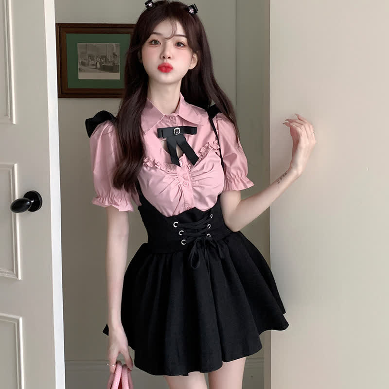 Pink Love Heart Hollow Out Bowknot T-Shirt Lace up Suspender Dress modakawa