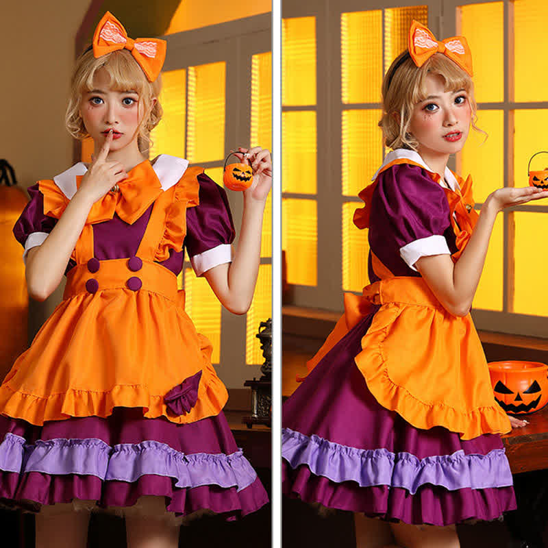 Cute Orange Bow Decor Puff Sleeve Maid Dress Modakawa