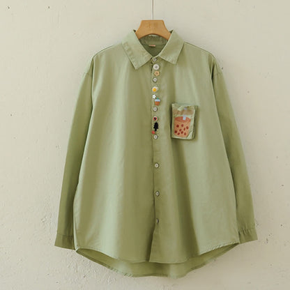 Cartoon Button Milk Tea Print Pocket Lapel Shirt modakawa