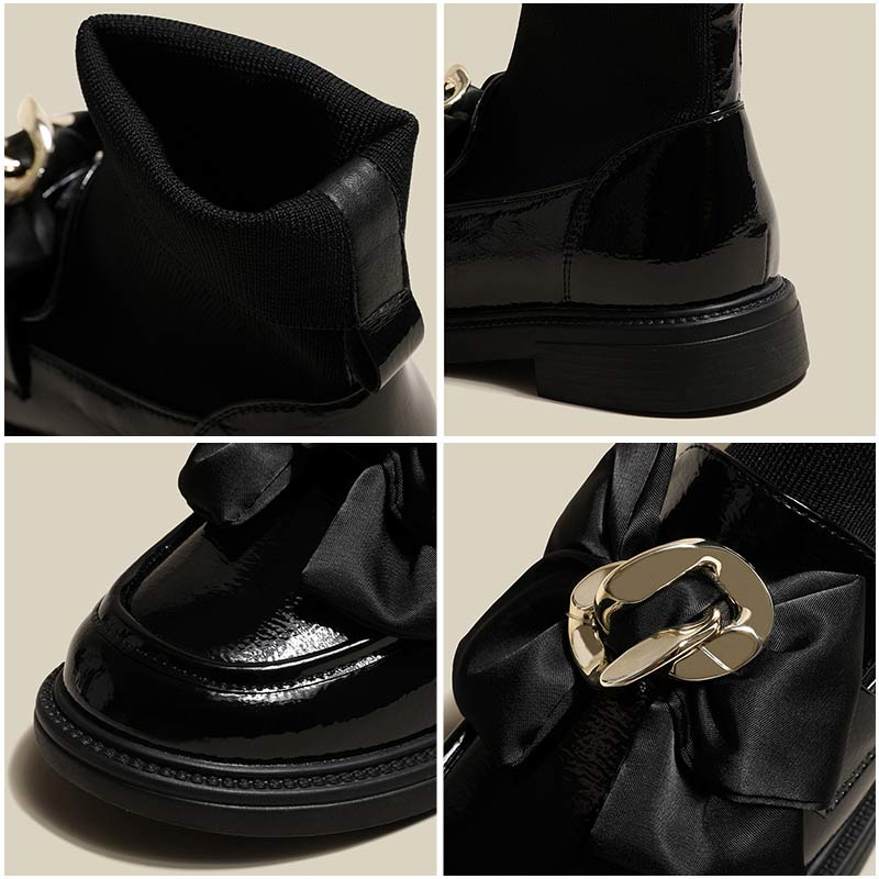 Black Bow Slip-On Leather Sock Boots Modakawa